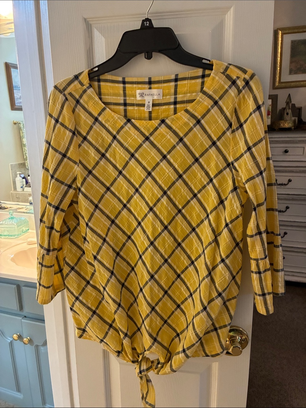 Rafaella Yellow Plaid Tie-Front Cotton Tunic Tip SZ M